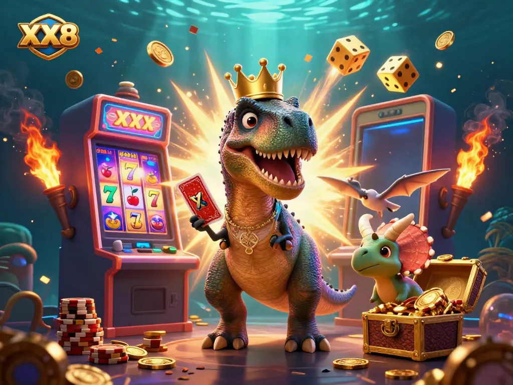 Engage in casino fun with XX8: A friendly T-Rex shuffling cards, surrounded by gaming elements.