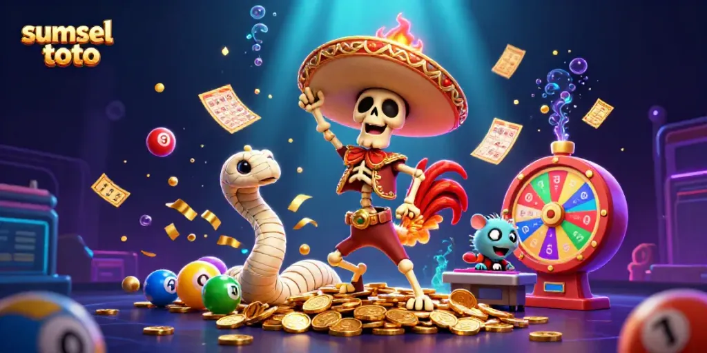 Engage with sumsel toto's lively scene of winning with a dancing skeleton, colorful lottery balls, and dynamic casino elements.
