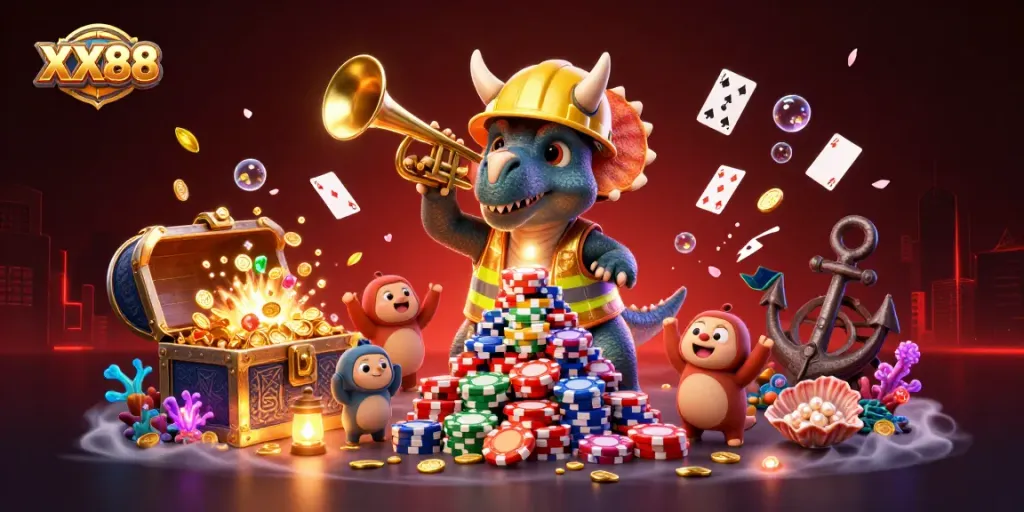 Experience the excitement of XX88 gaming with vibrant characters and casino elements in this dynamic illustration.