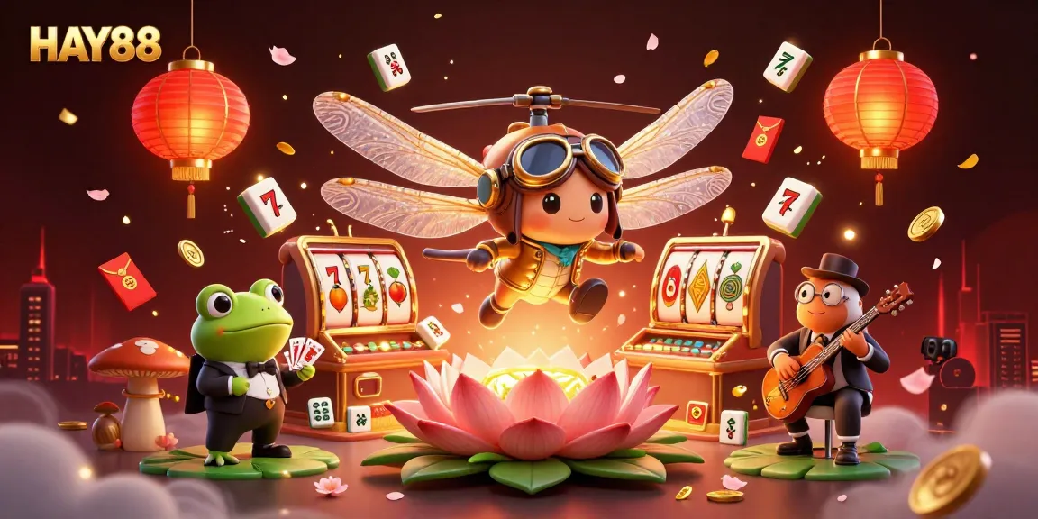 Experience HAY88's thrilling casino atmosphere with a dragonfly pilot, frog croupier, and lively jazz musicians.