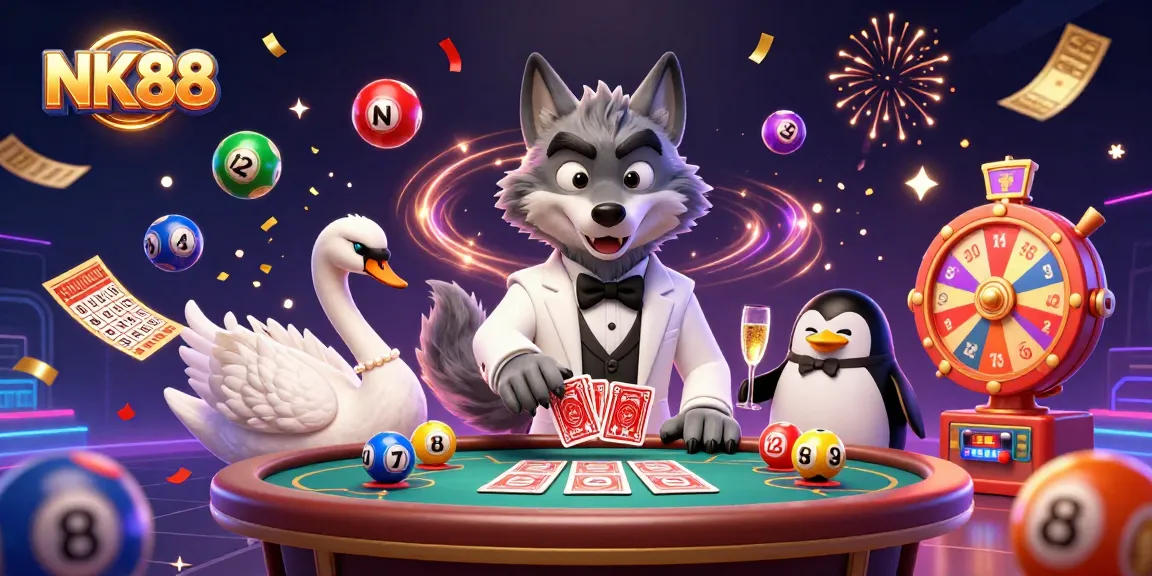 Engage with NK88 at a festive baccarat table featuring animated characters and vibrant game elements.