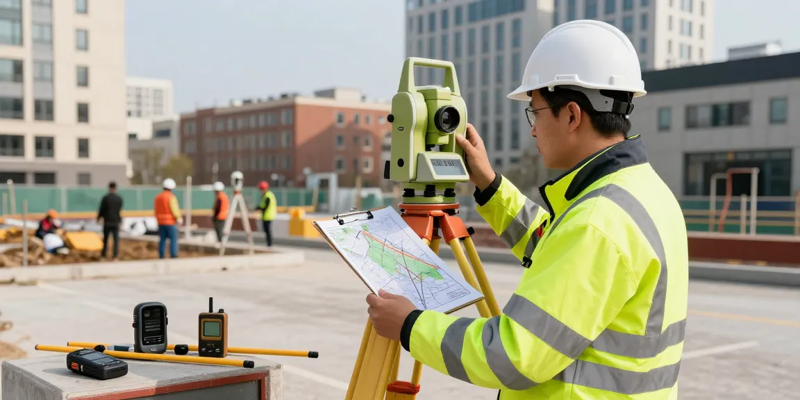 Topographical Land Surveys Essex: Skilled surveyor measuring land on site with modern equipment and urban setting in the background.