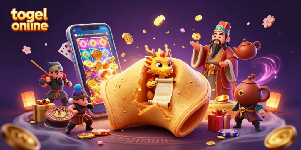 Engage in togel online gaming while exploring a fantastical 3D scene filled with casino elements.