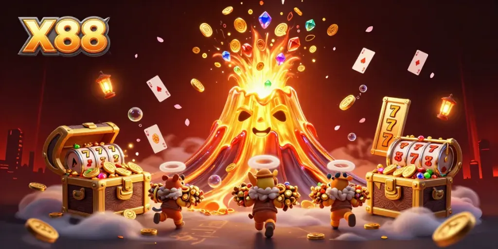 X88 jackpot scene with a golden volcano, treasure, and slot elements in a vibrant casino setting.