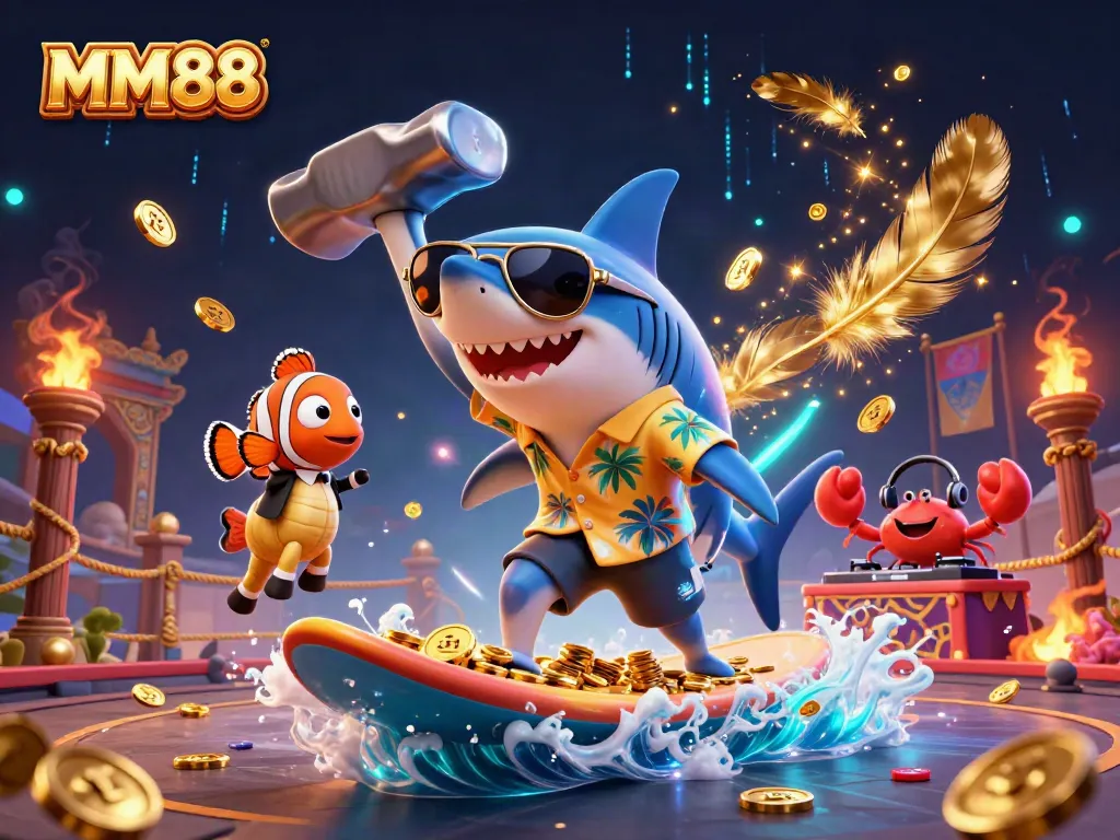 Experience excitement with MM88 featuring a cartoon shark, clownfish, and crab in a vibrant casino setting.