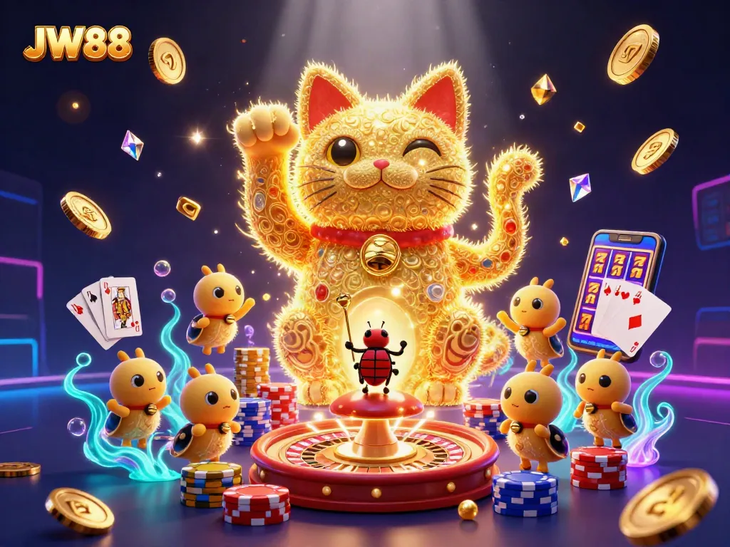 Experience JW88's exciting gaming atmosphere with vibrant golden slots, lucky cats, and dynamic casino visuals.