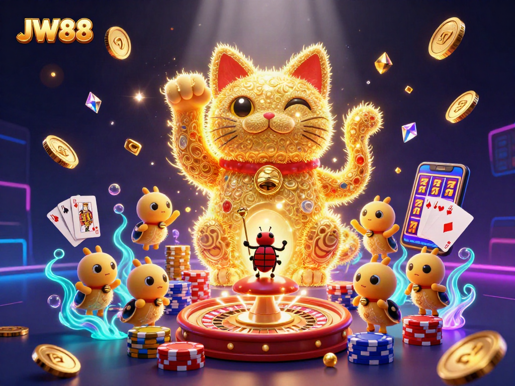 Experience JW88's exciting gaming atmosphere with vibrant golden slots, lucky cats, and dynamic casino visuals.