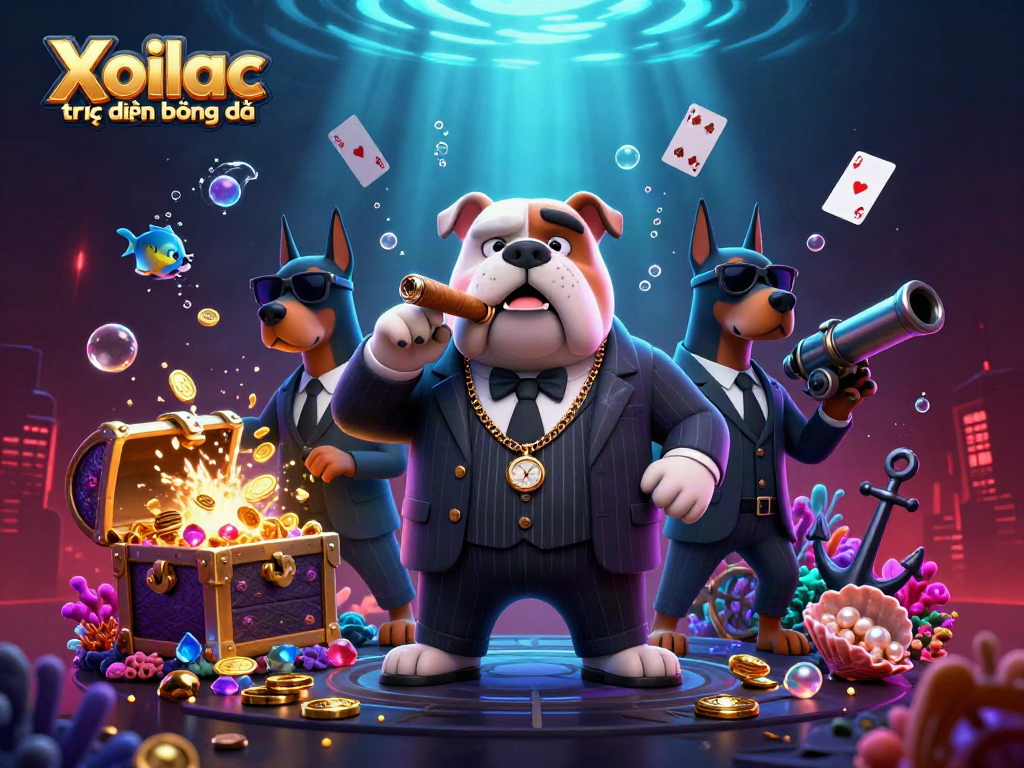 Xoilac trực tiếp bóng đá scene illustrating a mafia boss bulldog with bodyguard Dobermans amidst casino elements