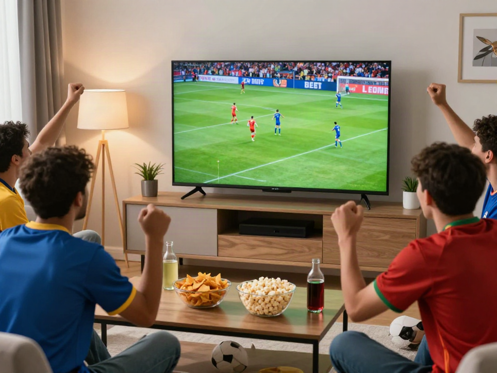 Friends enjoying Socolive soccer match in a cozy living room.
