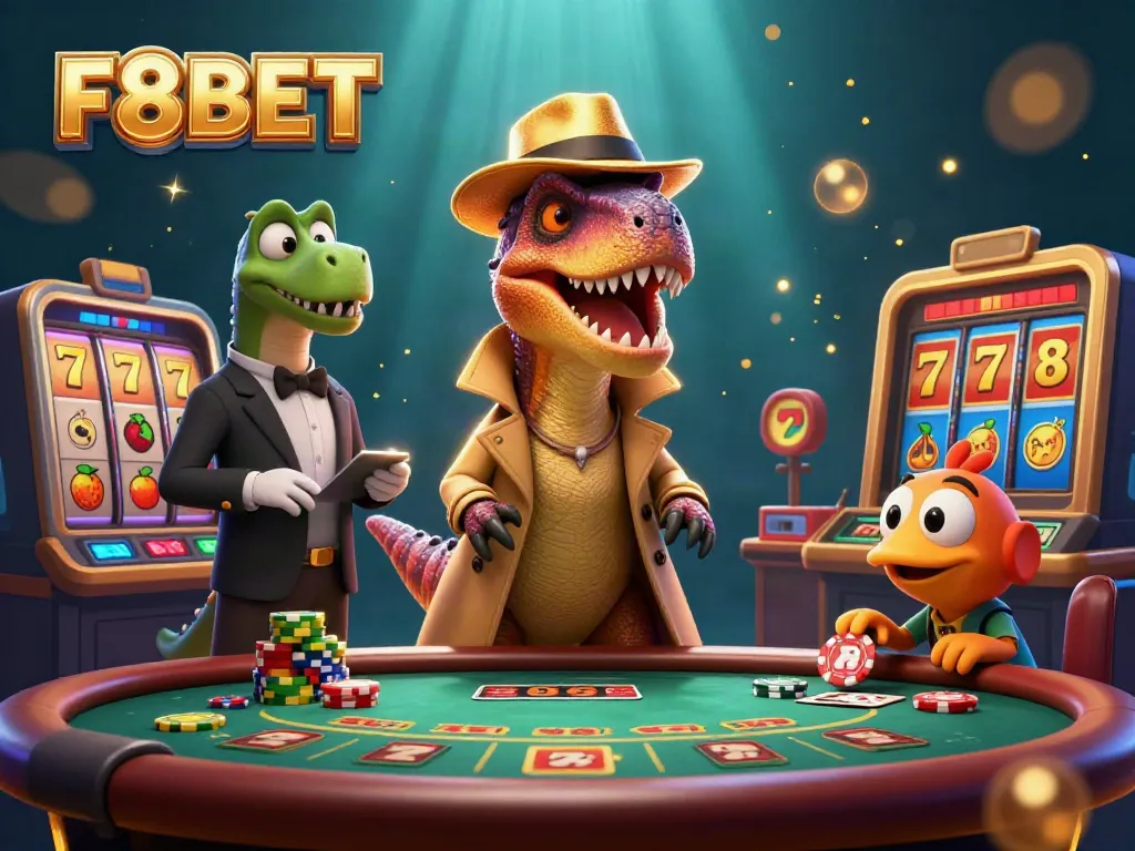 Experience the thrill of F8BET with a cartoon velociraptor playing blackjack, surrounded by dynamic gaming elements.