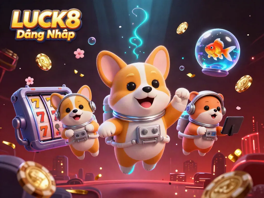 Engage in thrilling gaming with LUCK8 Đăng Nhập as cartoon characters spin slot reels amidst floating coins and confetti.