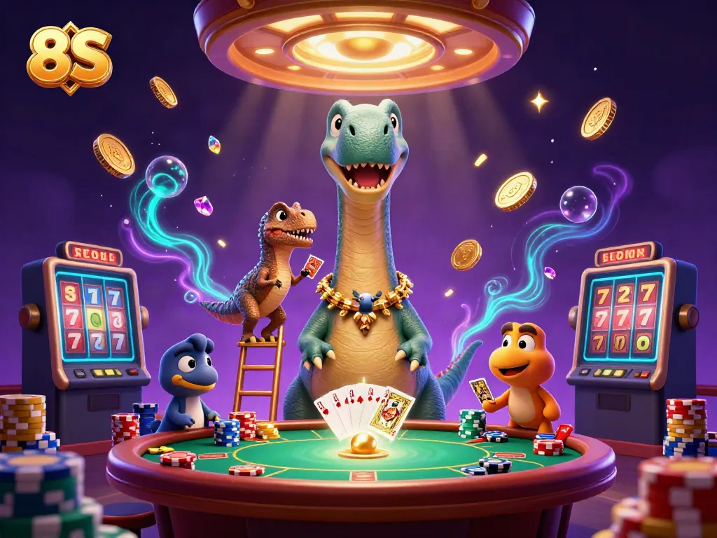 8S casino scene with a giant brontosaurus, clever raptor dealing cards, and glittering gems.
