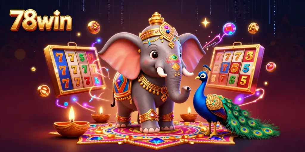 Experience the excitement of 78win with vibrant slot machines and enchanting visuals in a dazzling casino scene.