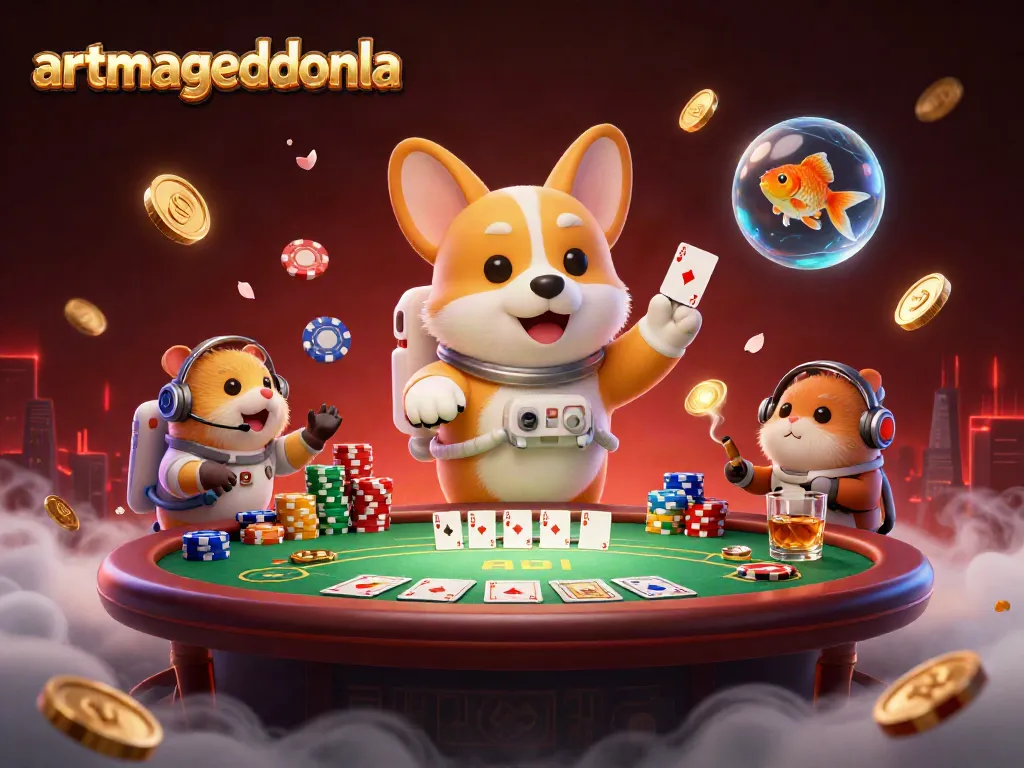 Artmageddonla showcases a vibrant casino scene with a floating astronaut corgi and poker elements in action.