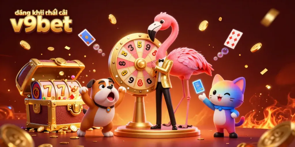 Join the excitement with đăng ký nhà cái v9bet, where vibrant casino elements and colorful characters interact in a thrilling gaming scene.