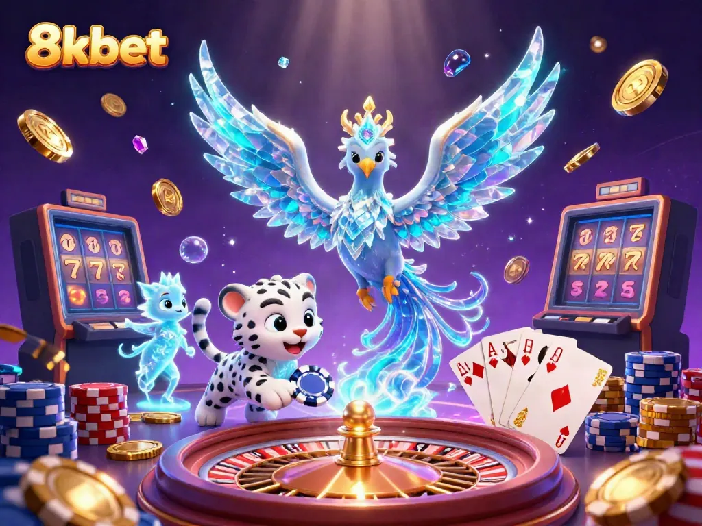 8xbet gaming scene with an ice phoenix, snow leopard, and sparkling casino elements.
