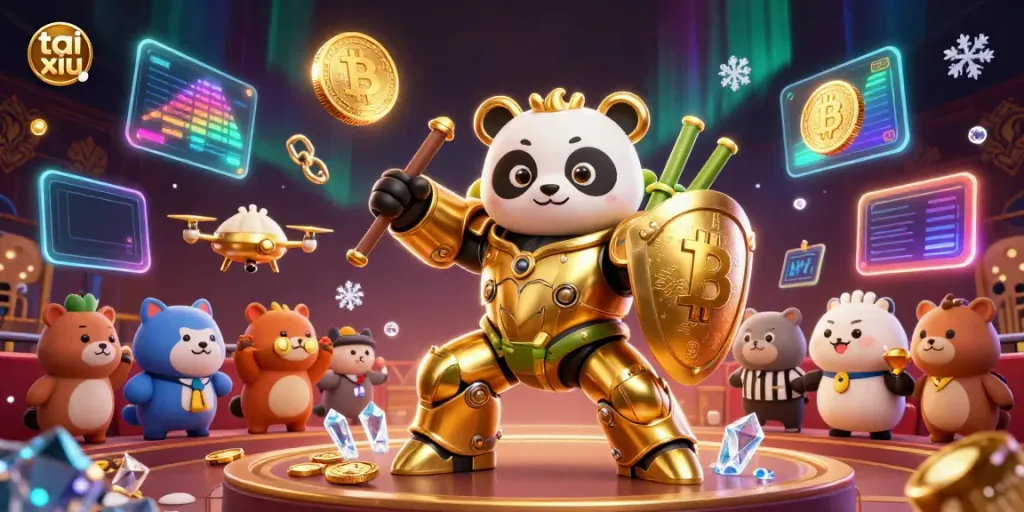 Experience the excitement of tai xiu with a mech-suit panda battling in a vibrant casino arena.