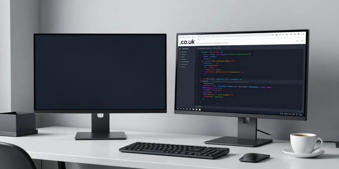 .co.uk domain registration interface displayed on dual monitors in a modern workspace.