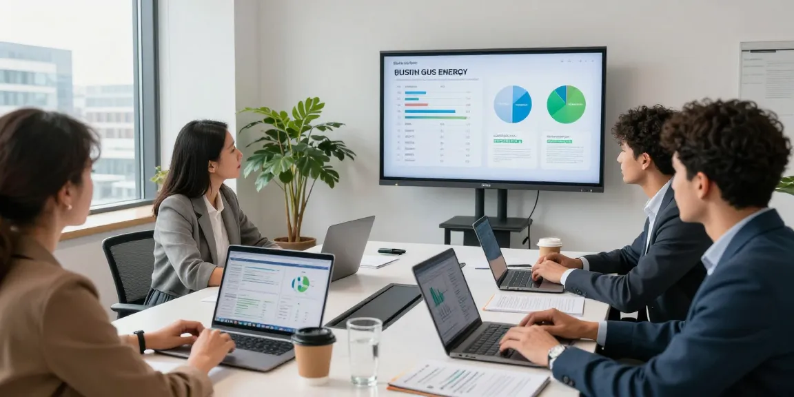 Team analyzing pricing trends for british gas business energy in a modern office conference room.