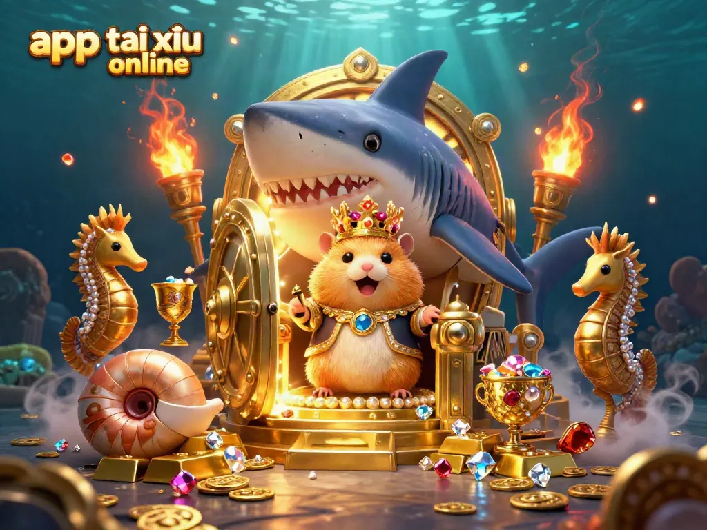 Experience app tài xỉu online with a dynamic scene featuring a golden hamster king throne, jewels, and treasure.