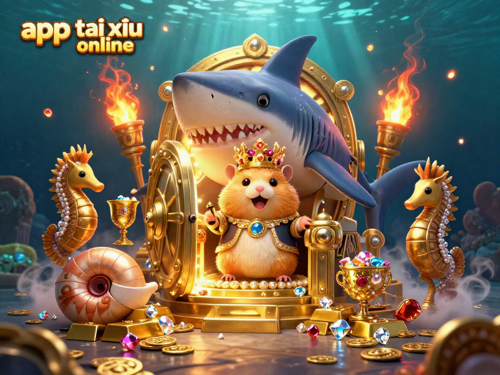 Experience app tài xỉu online with a dynamic scene featuring a golden hamster king throne, jewels, and treasure.