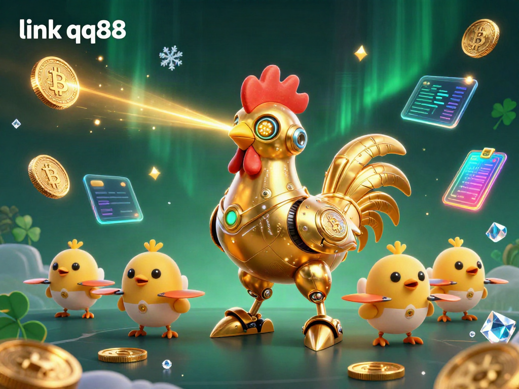 Engage with link qq88 through captivating gaming elements featuring a retro-futuristic robot, vibrantly designed coins, and dynamic interaction.
