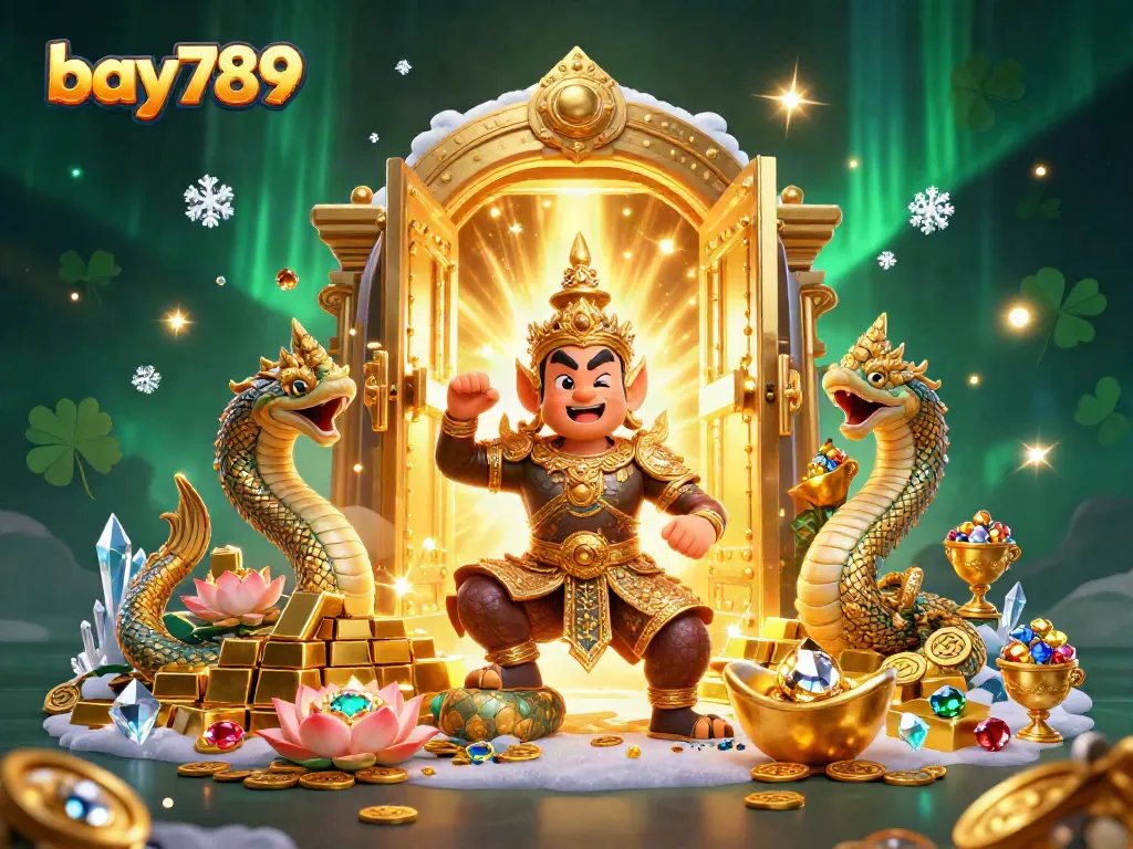 Play exciting games at bay789 with golden treasures and vibrant characters in a stunning illustration.