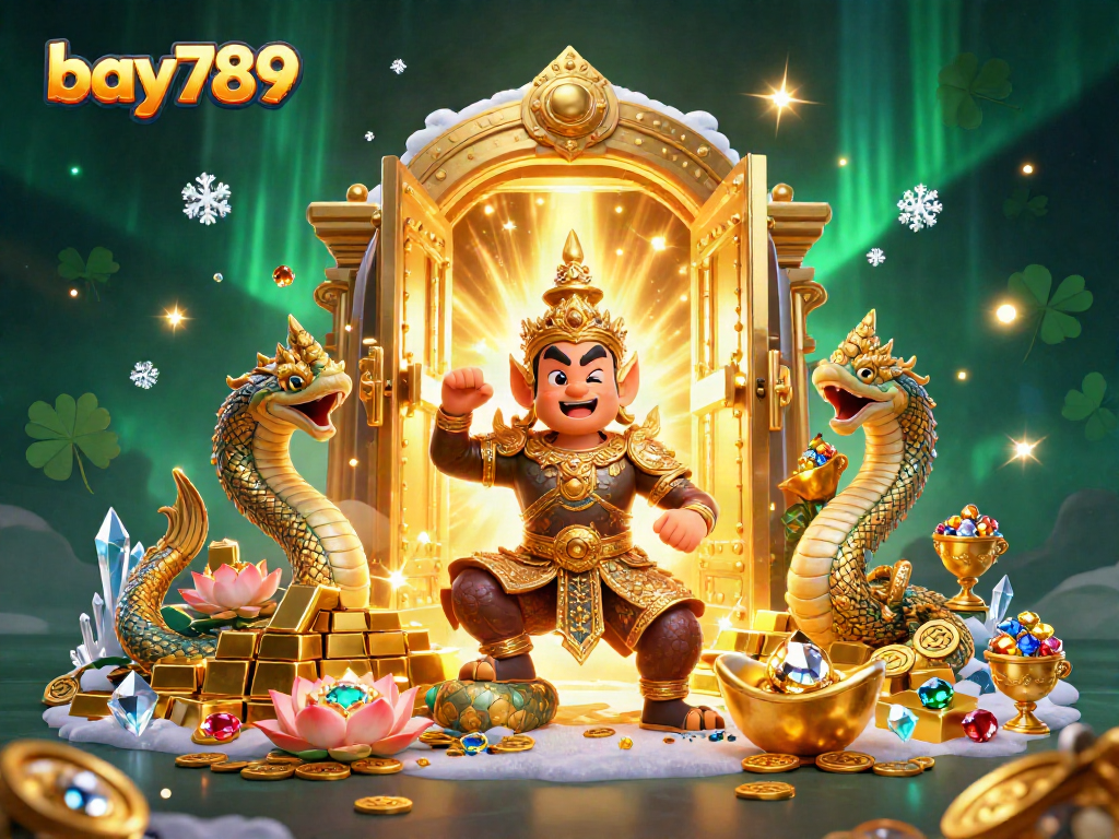 Play exciting games at bay789 with golden treasures and vibrant characters in a stunning illustration.