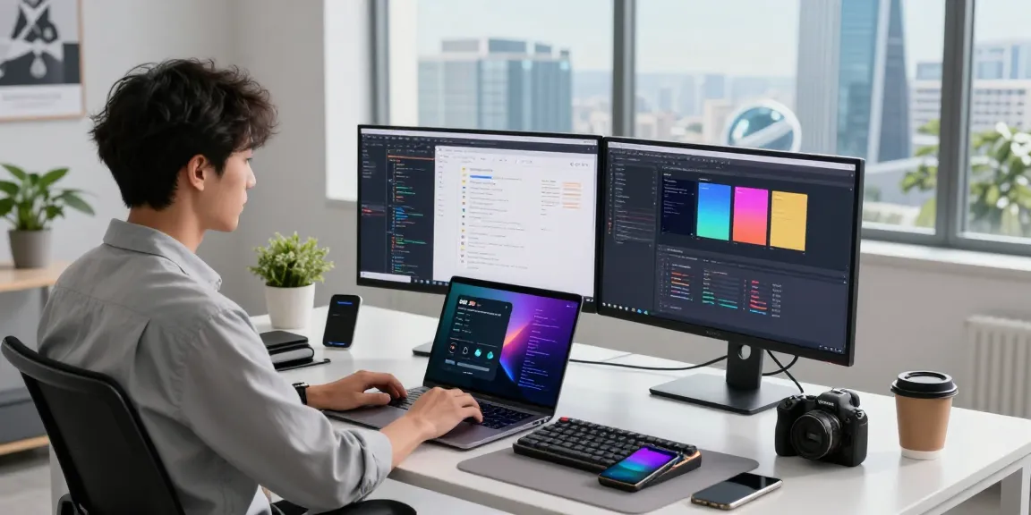 Modern professional workspace featuring M5 MacBook with vibrant coding screens and stylish accessories for tech enthusiasts.