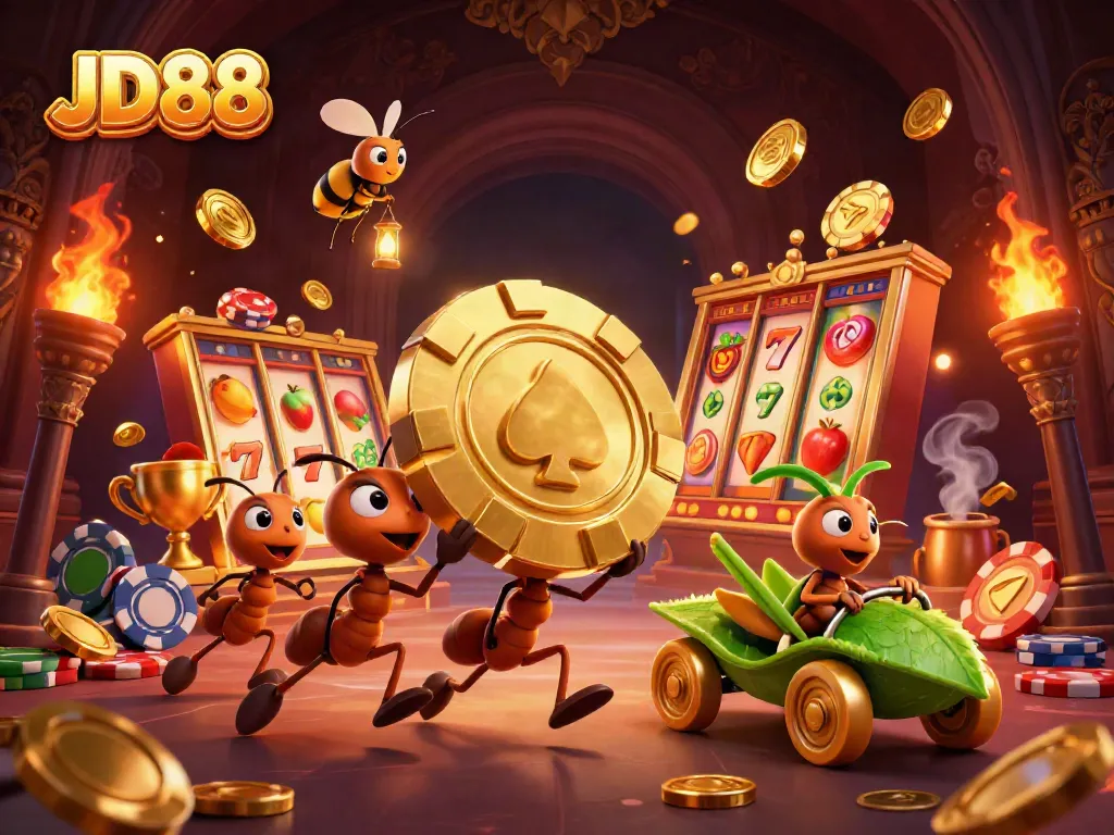 Engaging scene featuring JD88's unique golden poker chip heist with ants in a vibrant casino