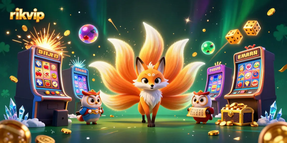 Experience immersive gaming at rikvip with a vibrant nine-tailed fox, slot machines, and colorful effects.
