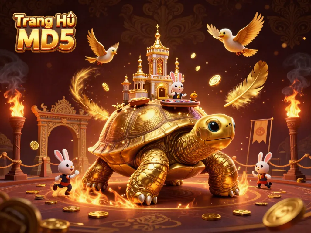 Engage in exciting gameplay at Trang Chủ Tài Xỉu MD5 with a vibrant casino-themed scene featuring a golden tortoise and lively rabbit dealer.