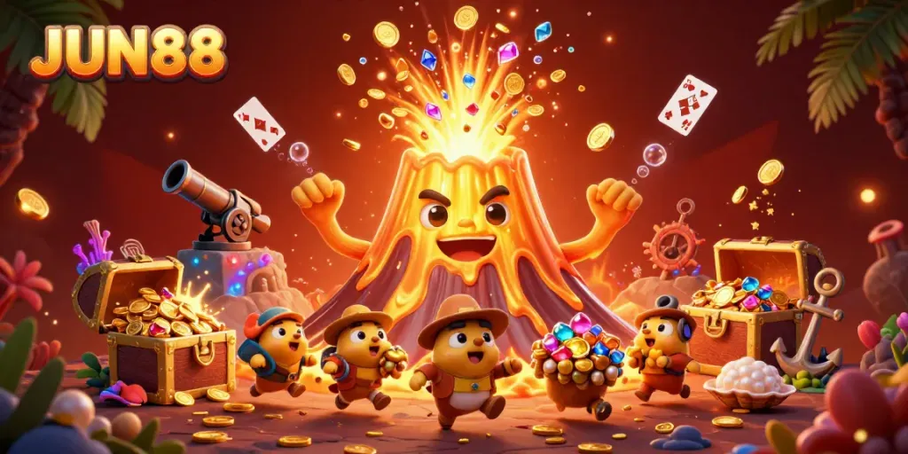 Engage winnings at JUN88 with an erupting volcano of coins in a thrilling casino adventure.