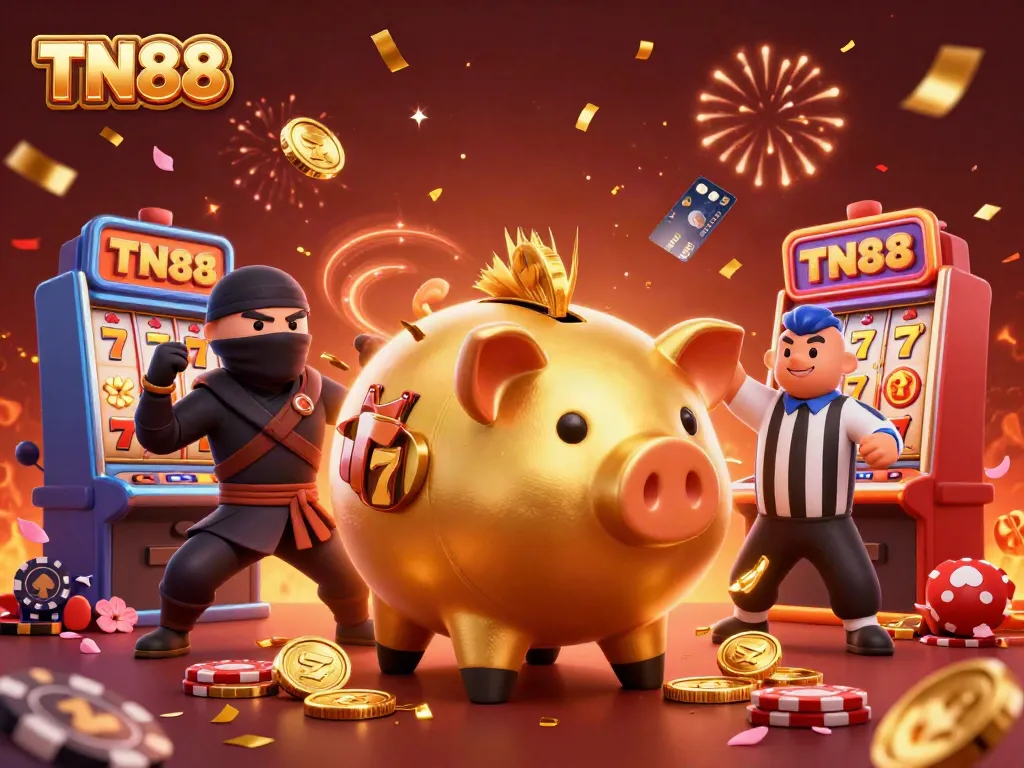 Experience thrilling TN88 casino moments with a golden piggy bank sumo wrestler and dynamic gaming elements.