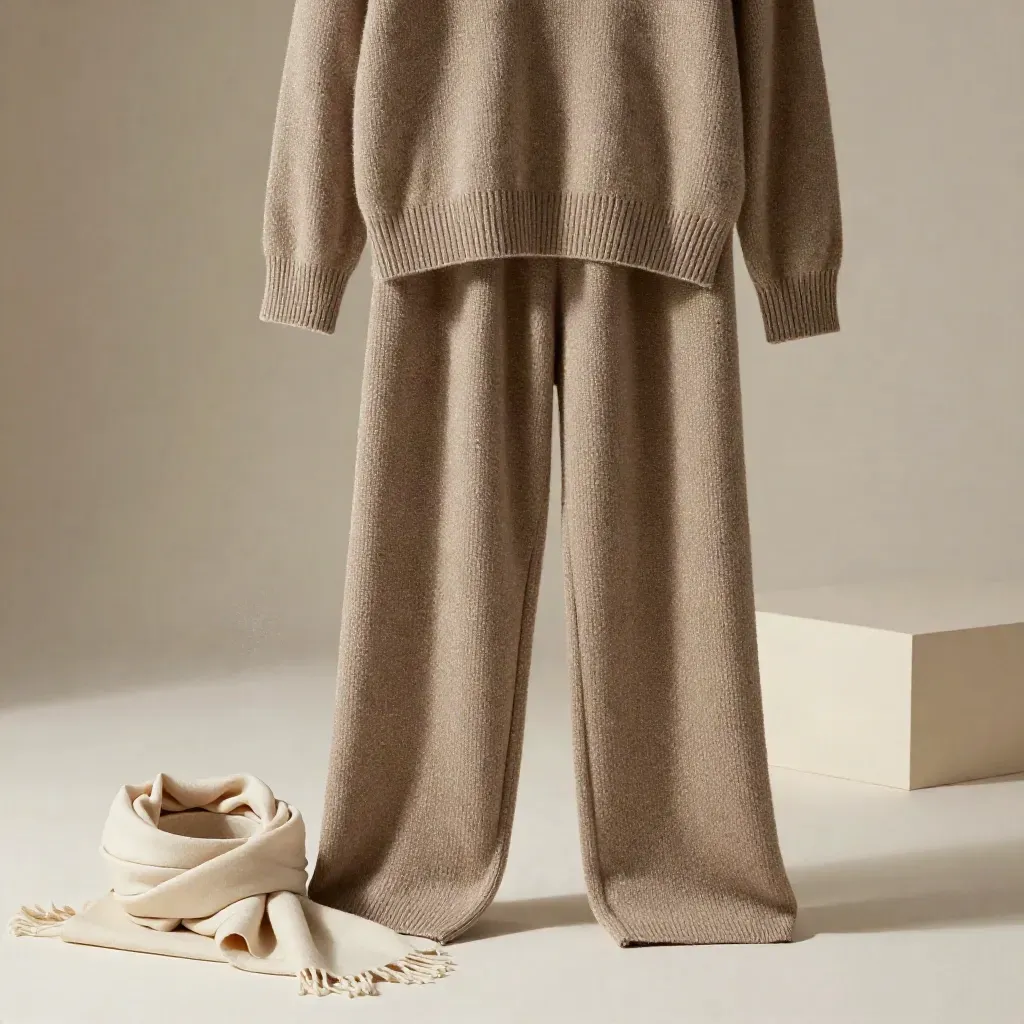 Warm taupe knit co-ord suspended against ivory with scarf and pale stone bowl.