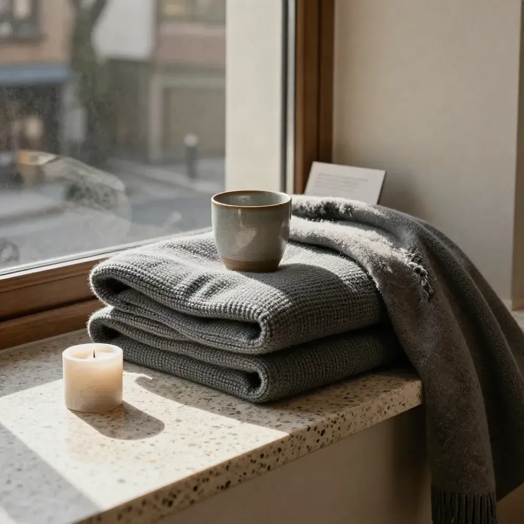 Charcoal knit lounge set with blanket, cup and candle on a stone window seat in winter light.