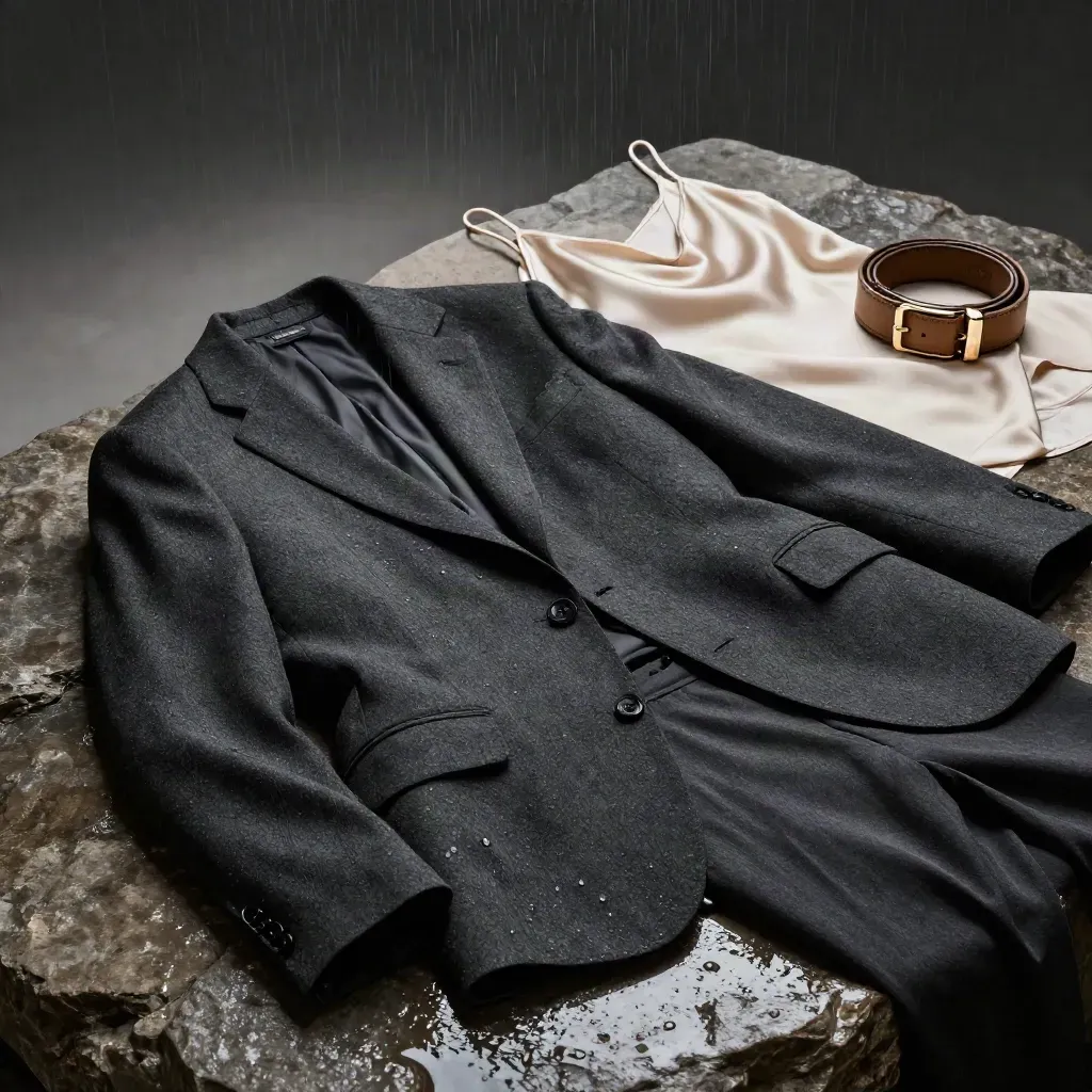 Charcoal wool blazer on wet stone with silk cami, belt and trousers under moody studio light.
