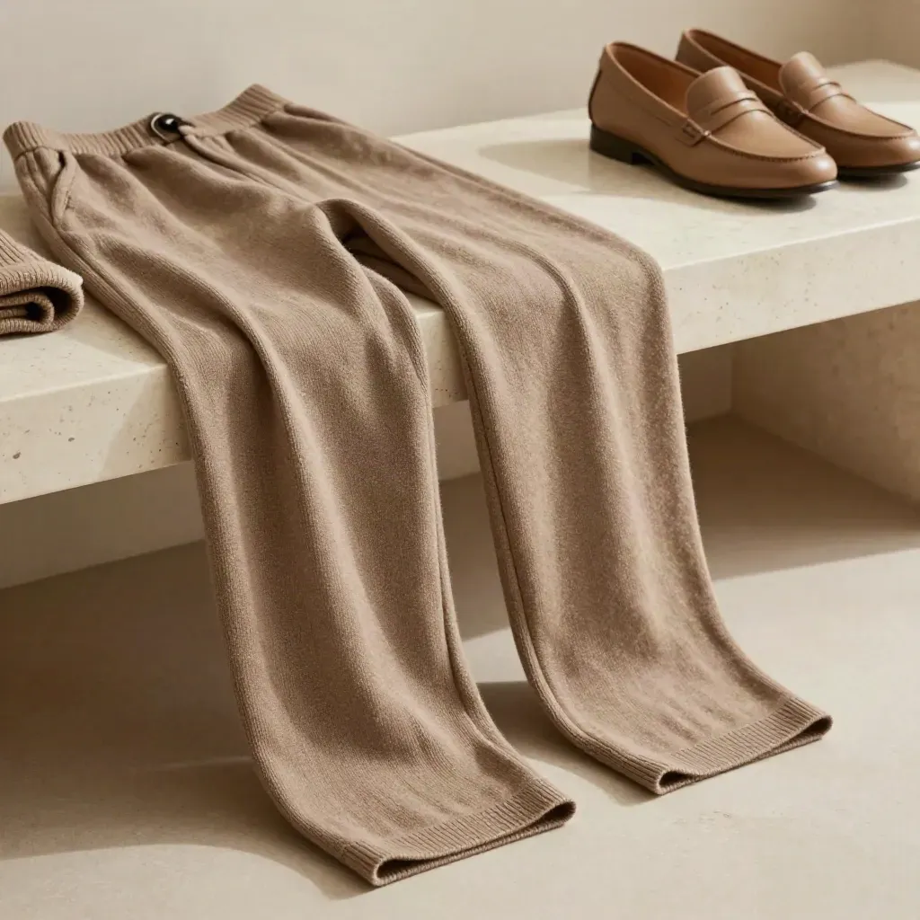 Warm taupe wide-leg knit trousers draped over a bench with sweater and loafers in soft light