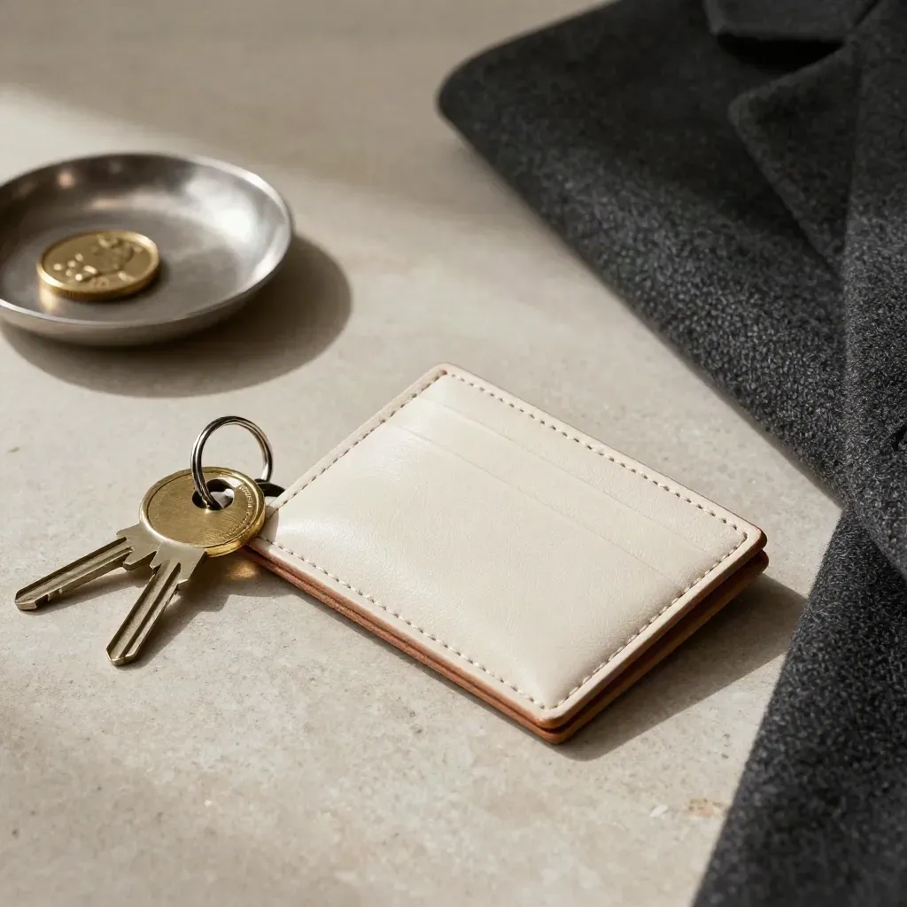Ivory leather card holder with keys and a coin tray on pale stone, close and tactile.
