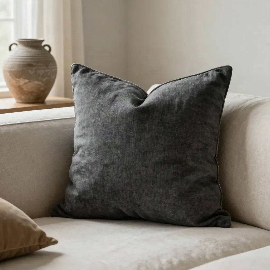Charcoal linen throw pillow in a sofa corner with draped throw and ceramic vase, lit by soft daylight.