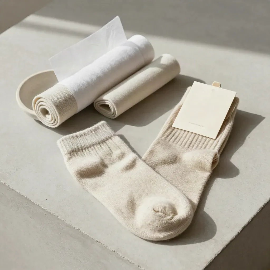 Ivory marl cashmere lounge socks with tissue wrap and stone bowl on pale concrete, overhead flatlay.
