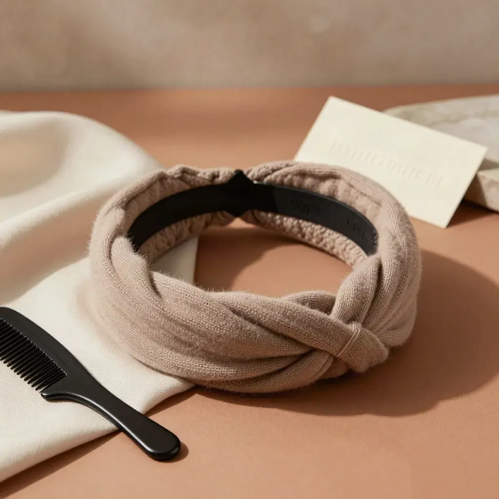 Taupe knit headband with comb and silk pouch on terracotta surface