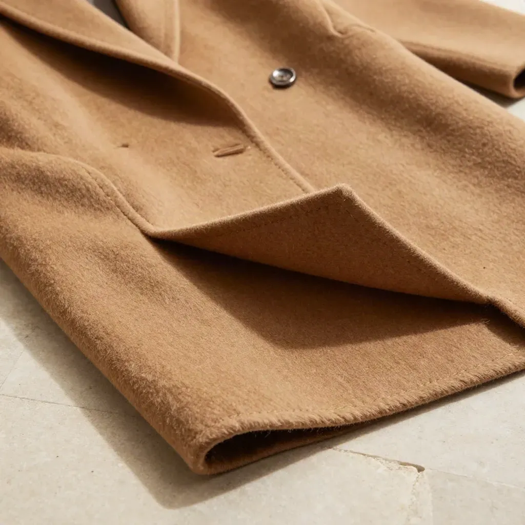 Macro of camel wool coat fabric and hem on a limestone plinth in dramatic side light