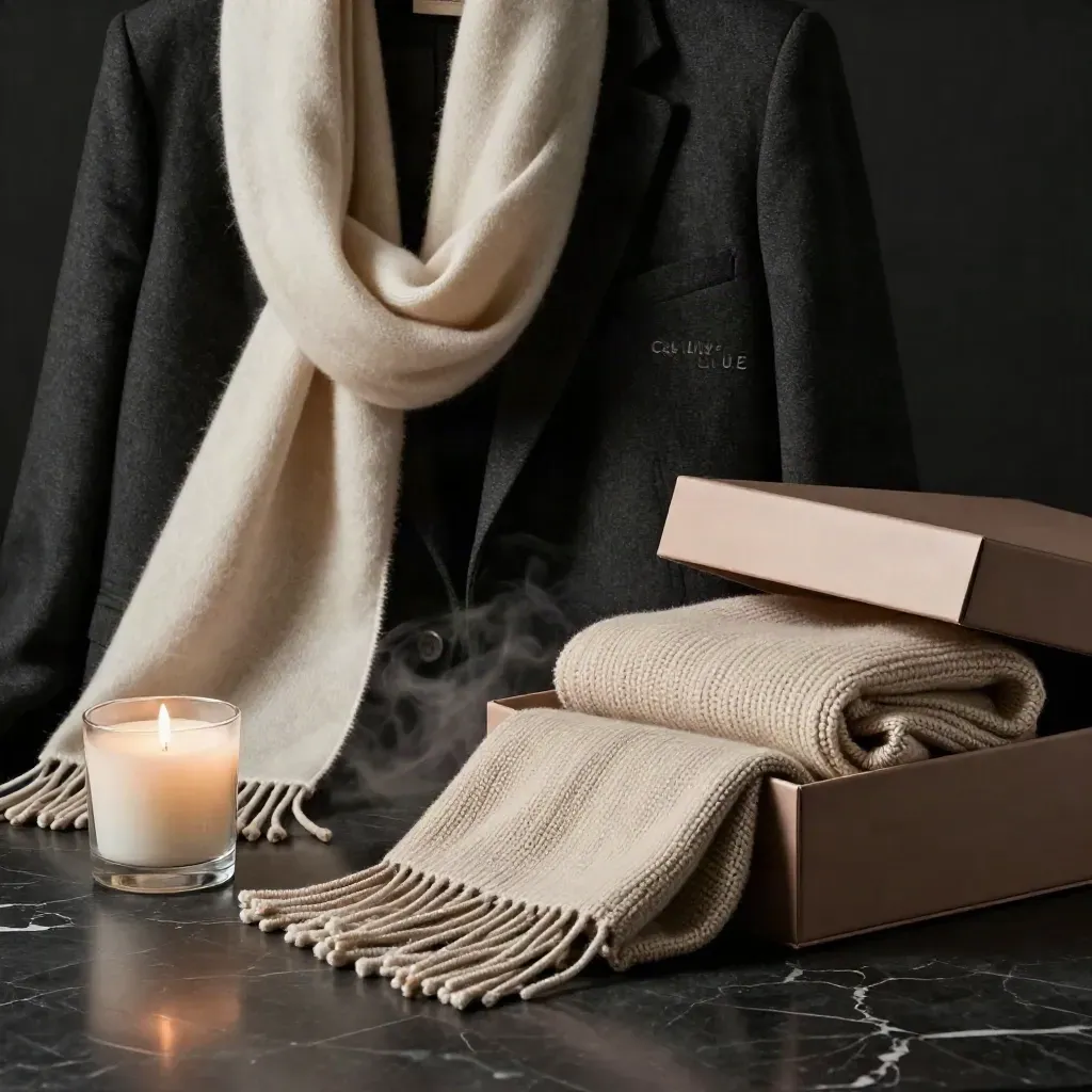 Luxe lounge layers, scarf, candle, blazer and gift box on dark marble with dramatic light.