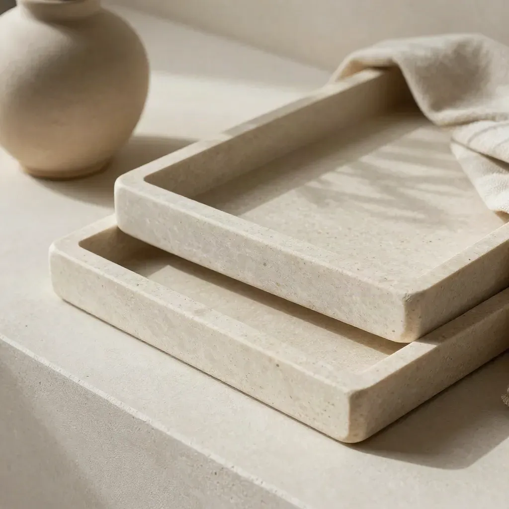 Pale limestone tray set with ceramic vessel and folded cloth on a plaster ledge.