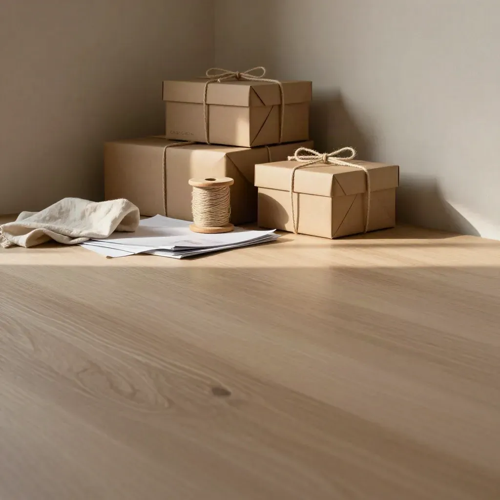 Gift-wrap nook with kraft boxes, twine, linen and warm sunlight on wood.