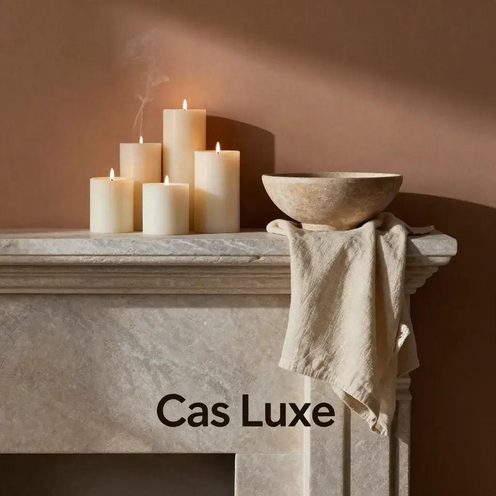 Lit candles on a stone mantel with bowl and linen cloth in a warm neutral room