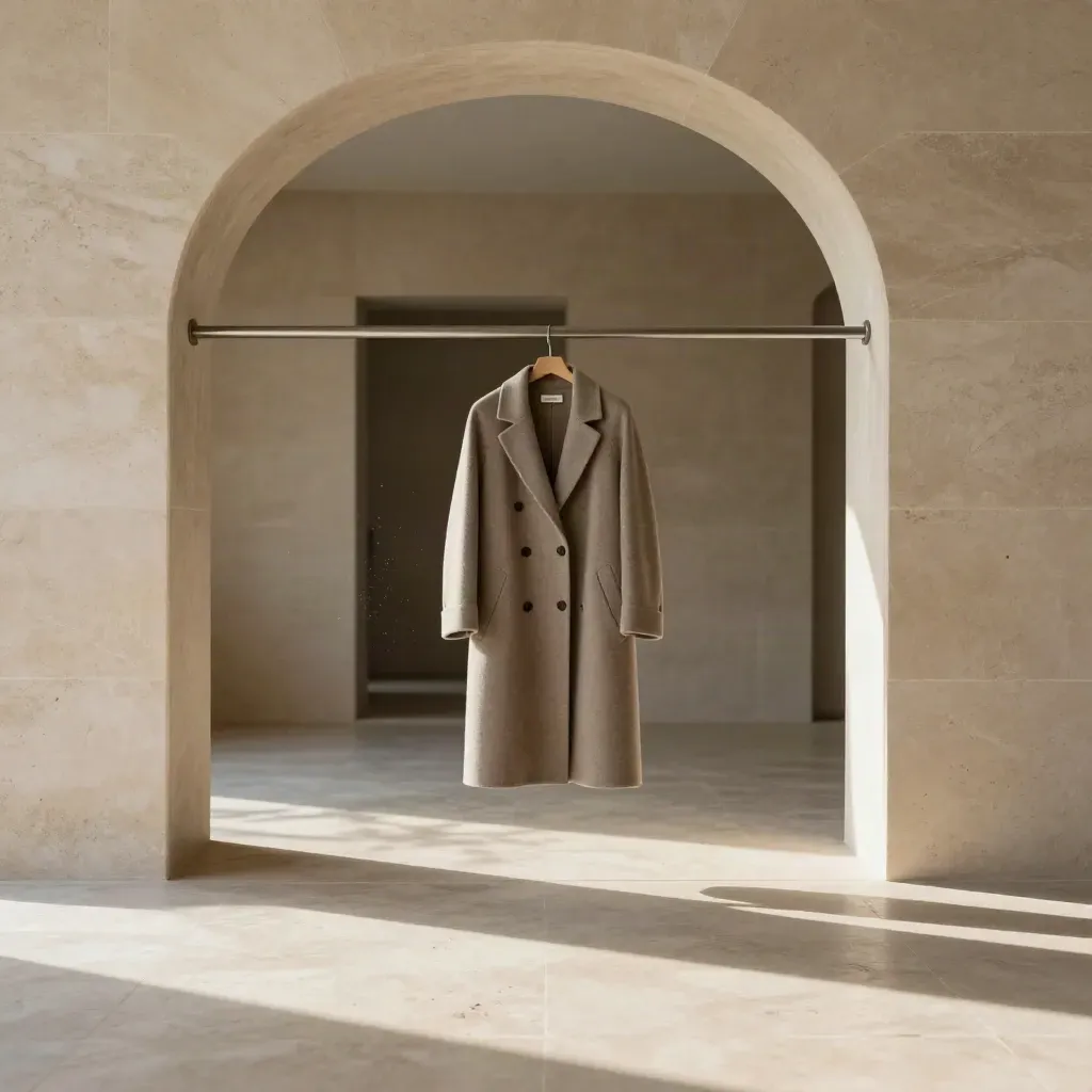 Sunlit limestone corridor with a tailored coat rail and long diagonal shadows