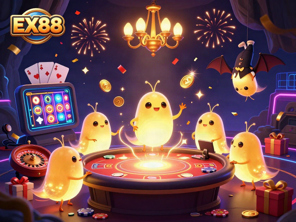 Experience the thrilling glow of EX88 casino with vibrant glowworms and casino games.