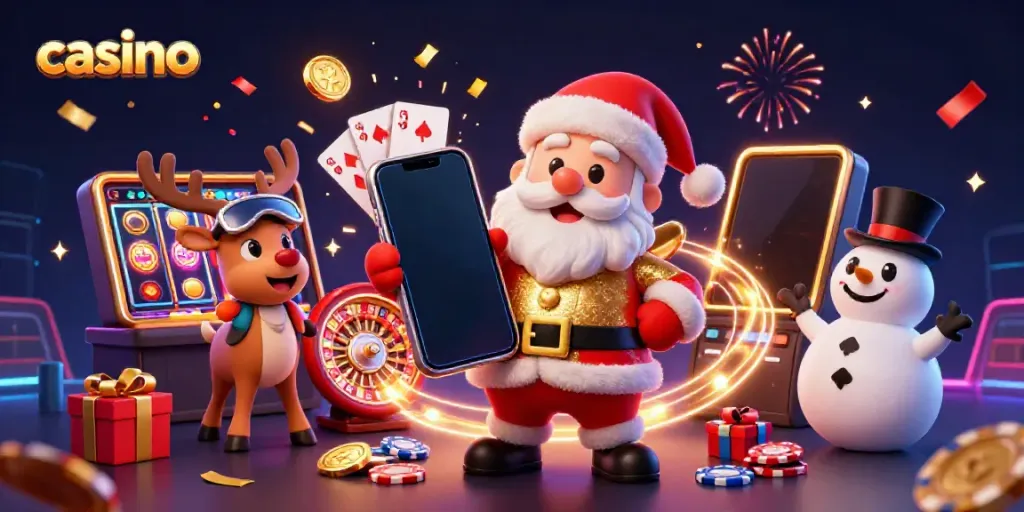 Engage in casino fun with Santa Claus, reindeer dealer, and poker chip snowman celebrating a jackpot